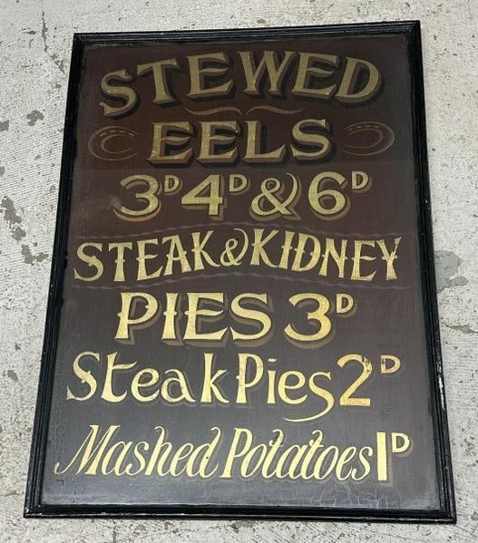 Wonderful circa 1900 handpainted sign with gilt lettering, from estate of old time antique dealer in (1 of 3)