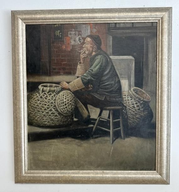 C. D. Rhodes (late 19th century) o/b Asian basket weaver, from NYC estate, nice estate condition. (1 of 3)