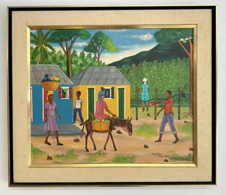 G Joachim o/b Haitian village scene, well executed, signed lower right, from NYC estate, painting
