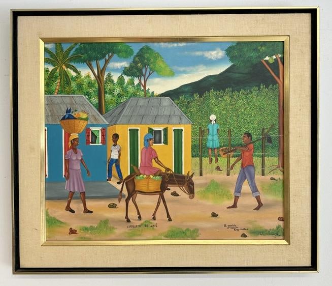 G Joachim o/b Haitian village scene, well executed, signed lower right, from NYC estate, painting: G Joachim o/b Haitian village scene, well executed, signed lower right, from NYC estate, painting measures 21" x 25", the frame measures 26" x 29.5". Very nice estate condition.