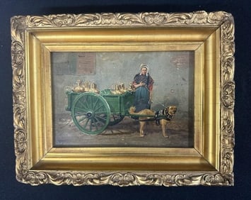 Wonderful 19th c o/b of Female Vendor with jugs in cart being pulled by a dog, initialed NYS in