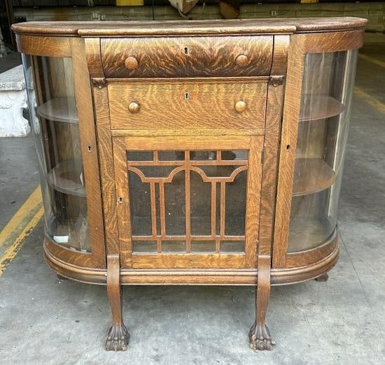 Quarter sewn oak circa 1910 curved glass curio cabinet w/2 drawers, claw feet, measures 42" W X 39" (1 of 4)