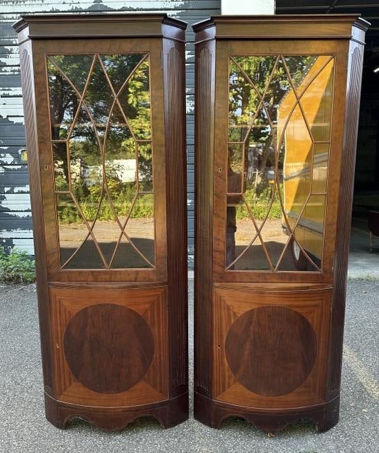 Wonderful pair of mahogany early inlaid corner cabinets, great form, structurally sound, nice old (1 of 7)