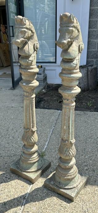 Pair of concrete horse hitching posts, from local estate, 1 wire ring missing, measure 48" H, good (1 of 2)