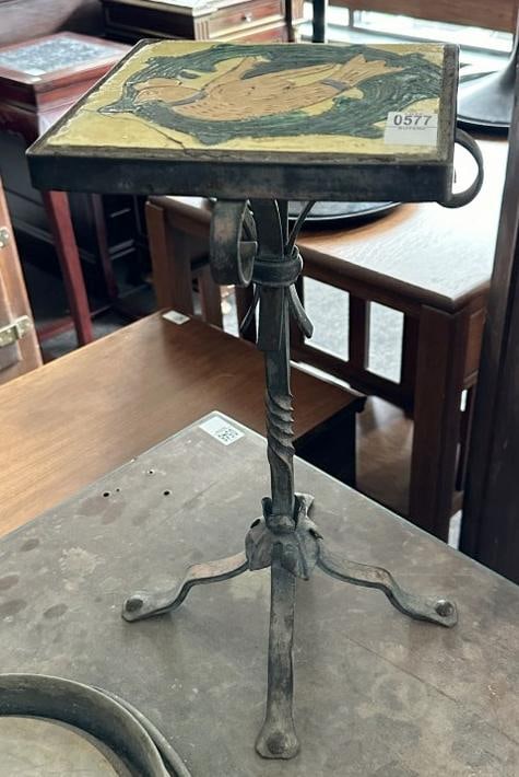 Small tile top iron stand, crack on tile, great iron base, measures 17" H, top is 8" X 8". (1 of 2)