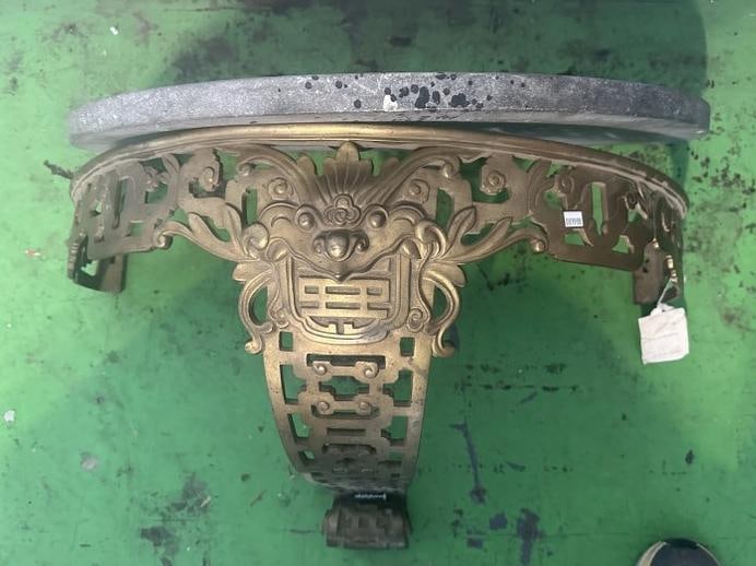 Bronze wall mount console with marble top, has North Wing God on front, measures 28" Across and (1 of 3)