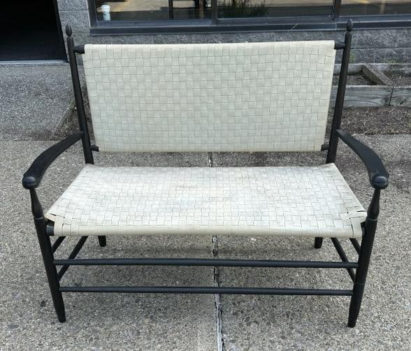 Shaker style bench with taped seat and back, black paint, meausres 43" W X 37" H X 20" D, (1 of 2)
