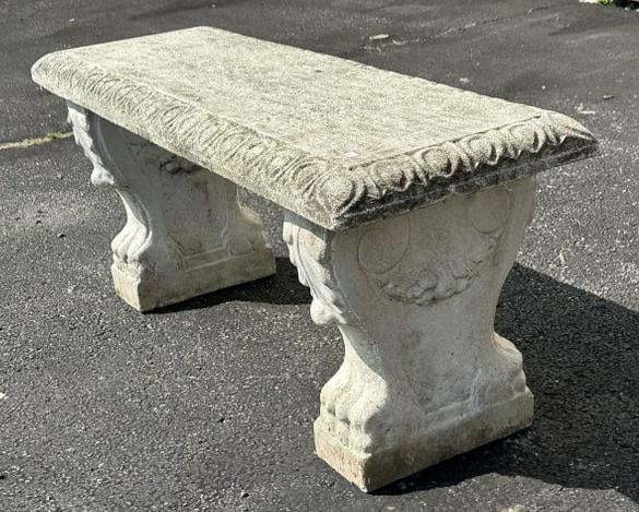 Nice old concrete garden bench w/lion base, nice old patina, measures 17.5" H X 41.5" W X 14.5" D. (1 of 4)