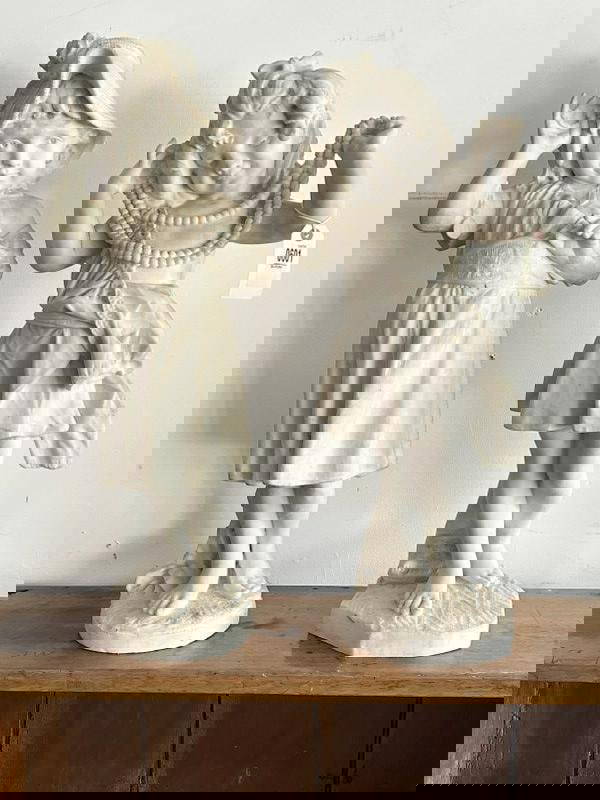 2 Composition Young Girl Garden Statues Made To Look Like Marble, Good