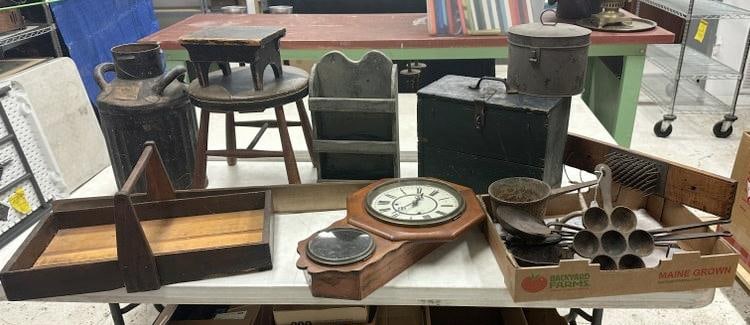 Estate lot misc. country items, old stools, carrying tray, iron wares, boxes, wall clock, etc. Good (1 of 7)