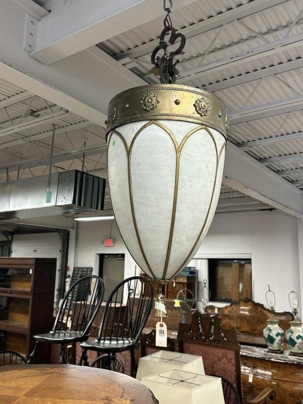 Large white glass & brass hanging light fixure, looks like it came from a Theater or possibly (1 of 4)