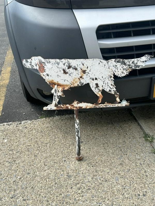 Old painted sheet metal weathervane with dog, found in Hudson Valley estate, beautifully worn paint, (1 of 2)