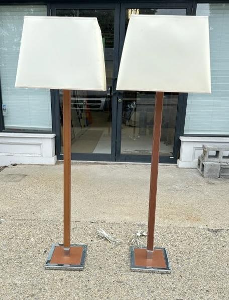 Pair RALPH LAUREN designer leather and polished chrome floor lamps, signed on backs of base as (1 of 6)