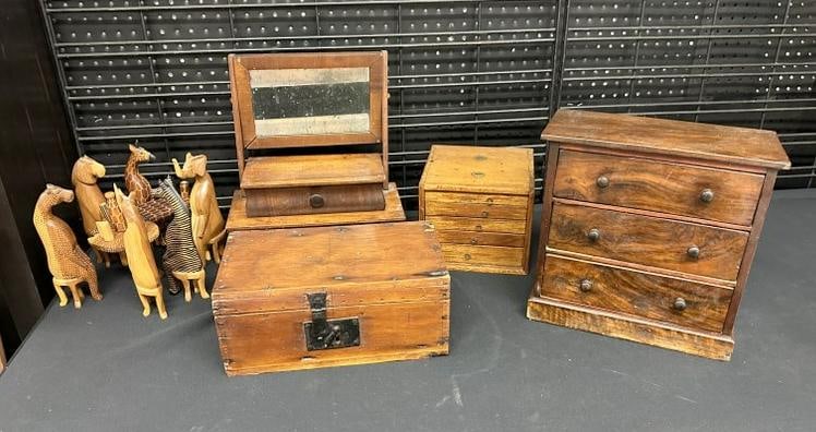 Nice lot small wood boxes, childs chest, and set of carved animals sitting around a table, great lot (1 of 6)