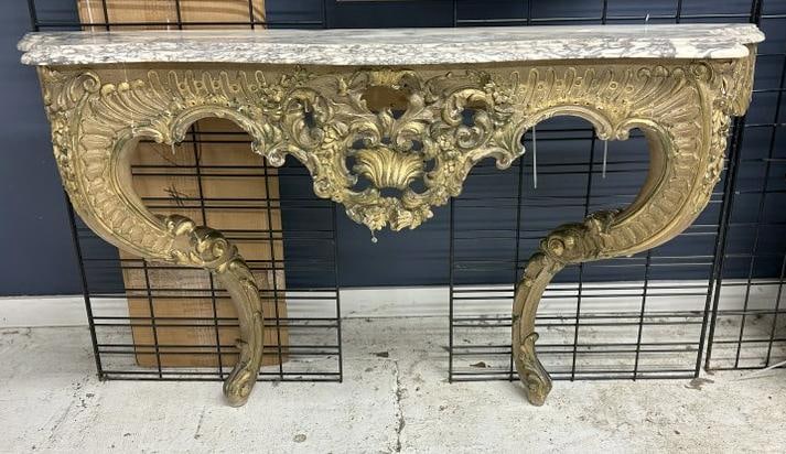 Decorative marble top wall mount console table, with intricate work all around, has old repair glued (1 of 2)