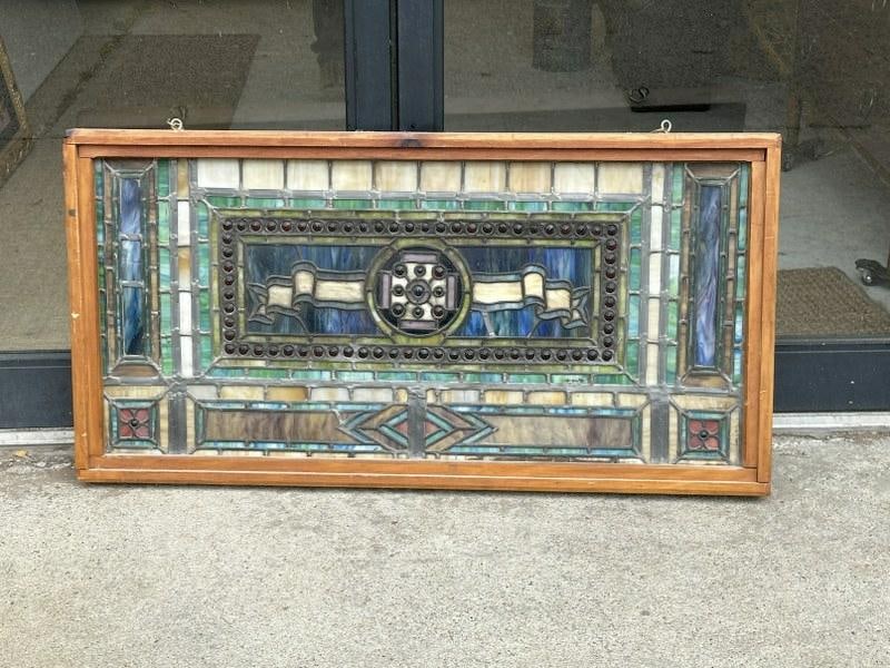 Wonderful Victorian era stained glass window, from Hudson Valley estate, a couple hairlines in a few: Wonderful Victorian era stained glass window, from Hudson Valley estate, a couple hairlines in a few pieces, doesn't detract from overall appearance. In later frame, frame measures 20.5" x 40.5". Grea