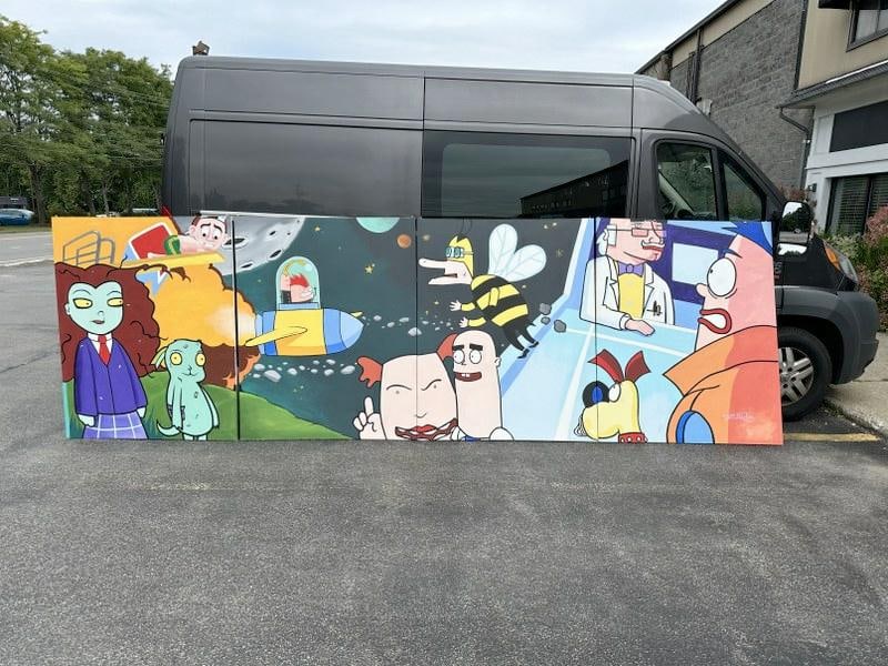 (4) large o/c panels from the set of NICKELODEON, signed illegibly lower right by Artist, from NYC (1 of 3)