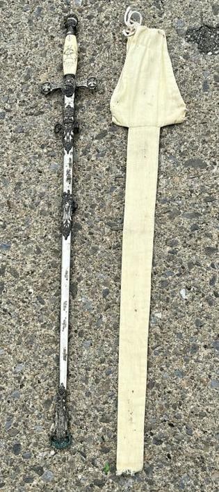 Masonic Knights Templar Ceremonial Sword by M C Lilley, Columbus, Ohio, with sheath and cloth cover. (1 of 4)