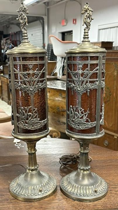 Pair wonderful 1920's table lamps with amber glass shades and scenic pattern all way around, from (1 of 2)