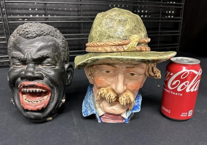 (2) figural head tobacco jars, including ceramic man with mustache, and composition black man, The (1 of 7)