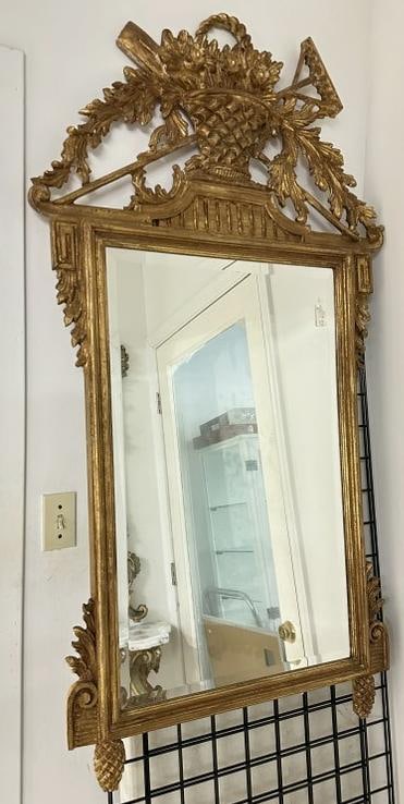 Wonderful carved decorative gold mirror with carved basket of flowers on top, pineapple finial on (1 of 4)
