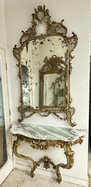 Very nice carved (2) part wall console with marble top and carved mirror. From lovely estate in: Very nice carved (2) part wall console with marble top and carved mirror. From lovely estate in Hudson Valley, nice overall condition, with nice wear to silvering on mirror. Console measures 45" wide 