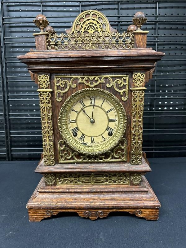 ANSONIA fancy mantel clock with intricate trim, found in local estate, front glass door is hanging (1 of 7)
