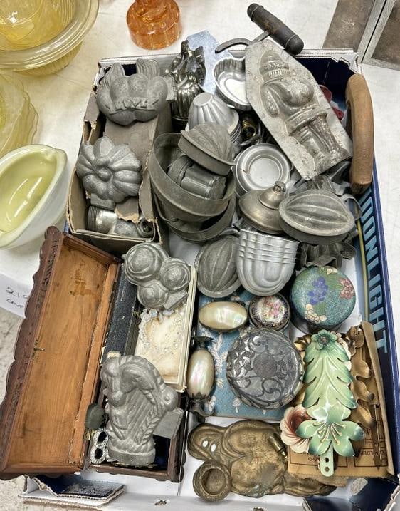 Nice lot of old kitchen items, molds, cloisonee items, old buckles, and more, found in old estate, (1 of 9)