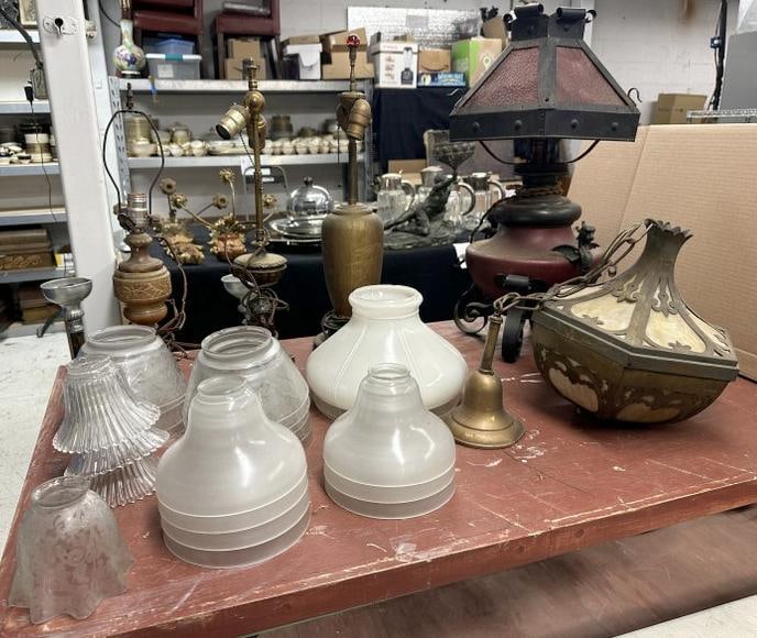 Nice lot of old lighting, table lamps, slag glass hanging light, red oil lamp with gargoyles, gas (1 of 4)