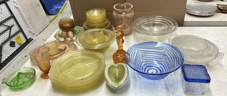 Nice estate shelf lot of old glasswares, depression glass, Pyrex nest of clear bowls, and (1 of 8)