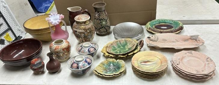 Real nice estate shelf lot to include majolica, cloisonee, fish plates, fish plate serving set, (1 of 10)