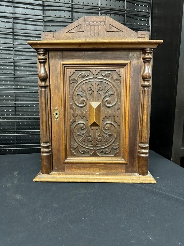 Very  nice circa 1900 hanging birch (? ) one door cabinet, with carved panel on door and columns. (1 of 7)