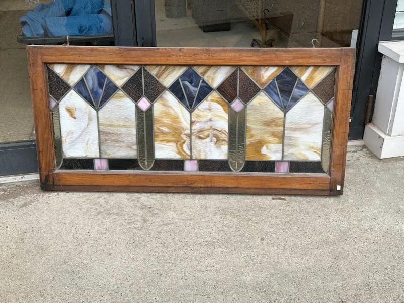 Nice turn of the century stained glass window, found in Hudson Valley estate. I see about 6 light: Nice turn of the century stained glass window, found in Hudson Valley estate. I see about 6 light cracks in glass, does not deter from overall appearance, window is solid, and tight. Frame measures 20