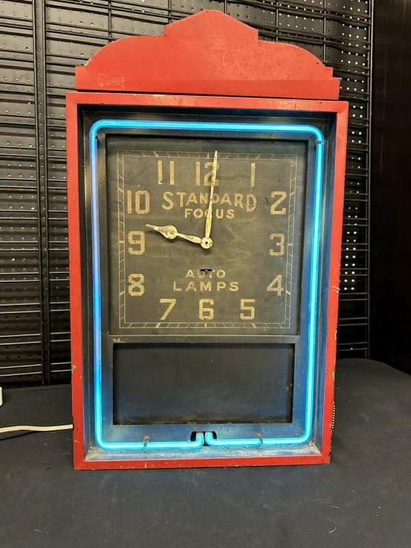 Deco STANDARD FOCUS AUTO LAMPS neon clock, found in Hudson Valley estate, measures 26.5" high x 16" (1 of 5)