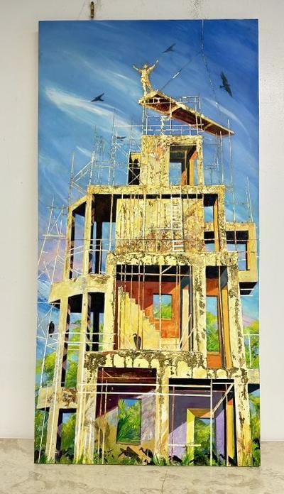 CLAIRE LAMBE acrylic, oil, metal leaf, tape on Ardes oil on paper, on bpard. Titled "MIDAS". (1 of 5)