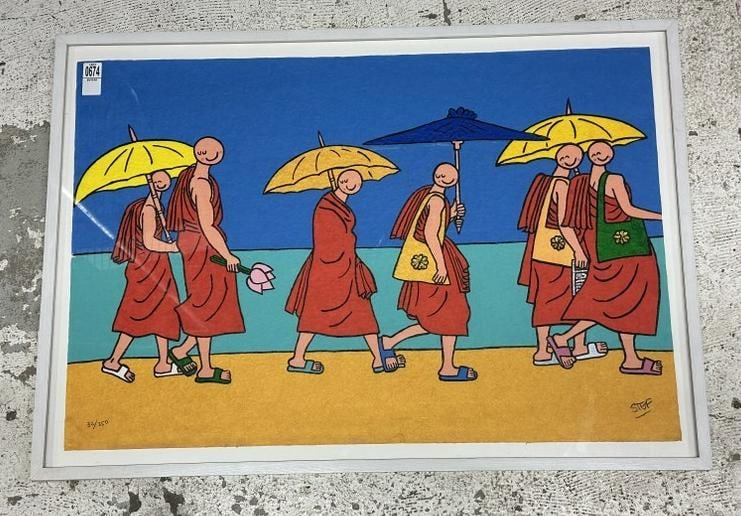 Cambodian very colorful limited edition print signed STEF, nicely framed and matted, print measures (1 of 4)