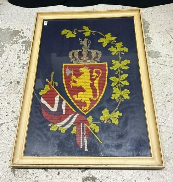 Large framed embroidered crest, from Sweden, from Hudson Valley estate, measures 49" x 34.5". Nice (1 of 3)