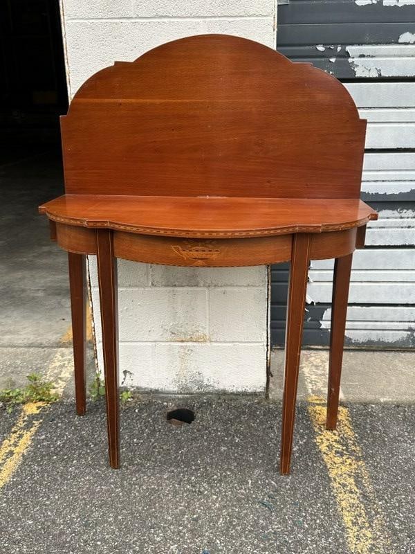 Mahogany inlaid flip top game table from Hudson Valley estate, has inlaid urn on front, structurally (1 of 6)