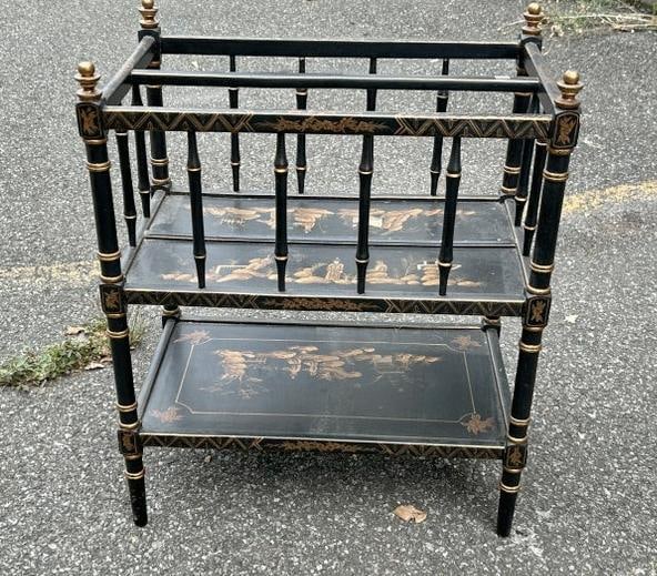 Nice decorative Asian motif magazine holder, nicely decorated, structurally sound, good looking.: Nice decorative Asian motif magazine holder, nicely decorated, structurally sound, good looking. Measures 20" wide x 12" deep x 24.5" high.