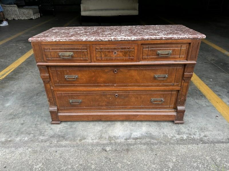 Victorian walnut marble top dresser, from Hudson Valley estate, structurally sound ( missing one: Victorian walnut marble top dresser, from Hudson Valley estate, structurally sound ( missing one block on back foot ), measures 46" wide x 19" deep x 30" high.