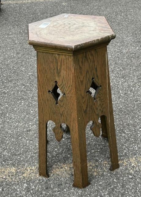 Oak Arts & Crafts cut out small stand, worn finish on top, measures 22" high x 12" across the top. (1 of 1)