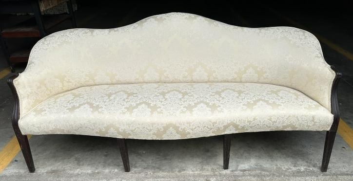 Period sofa, white fabric, small carving on sides, nice condition, from Hudson Valley fine estate. ( (1 of 4)