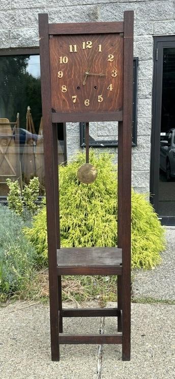 Mission oak tall case clock, running, from Hudson Valley estate. Measures 71" high x 17.5" wide x (1 of 4)
