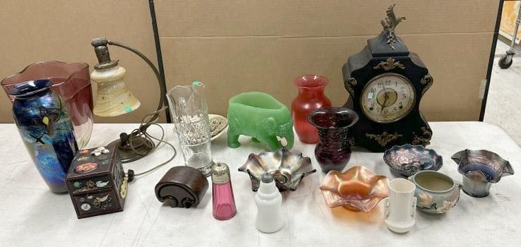 Wonderful estate lot of good smalls to include lamp with art glass shade, clock, carnival glass, (1 of 13)