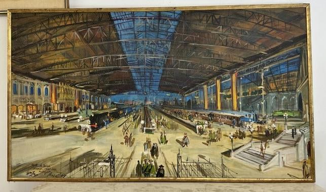 William Linzee Prescott (1917 - 1981) Mid Century o/c titled ( NORTH STATION, MADRID 1940 ), signed (1 of 7)
