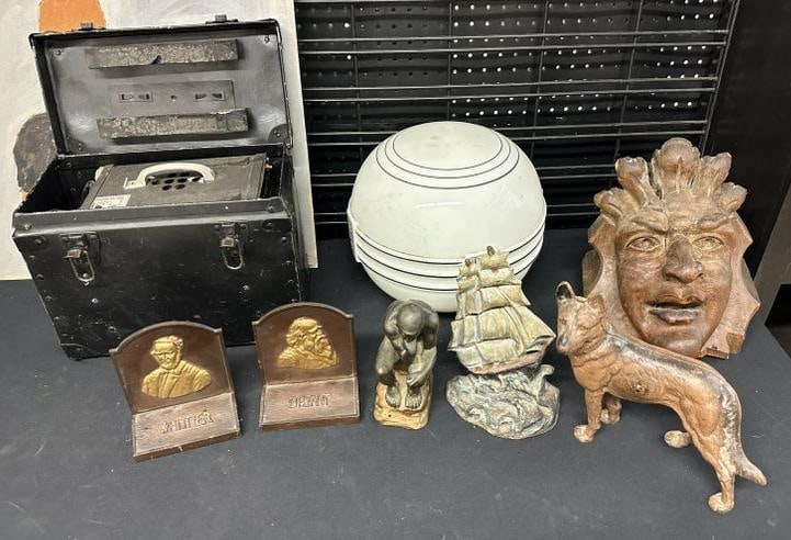 Misc. estate lot to incl. TELEGRAPH SIGNAL ANALYZER in case, WHITTIER & BRYANT bookends, cast iron (1 of 10)