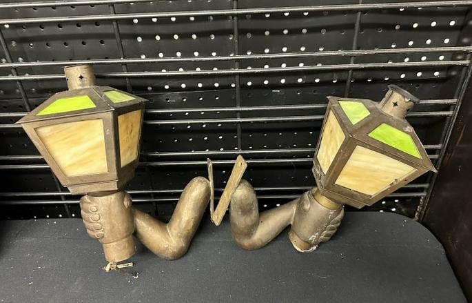 Wonderful pair of brass figural hand electric wall sconces, with slag glass shades, from estate in (1 of 2)