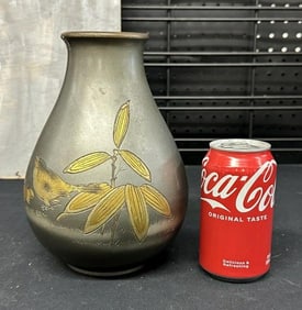 Signed Asian bronze vase with flowers and bird, signed on front as pictured and one base ( CPO ).