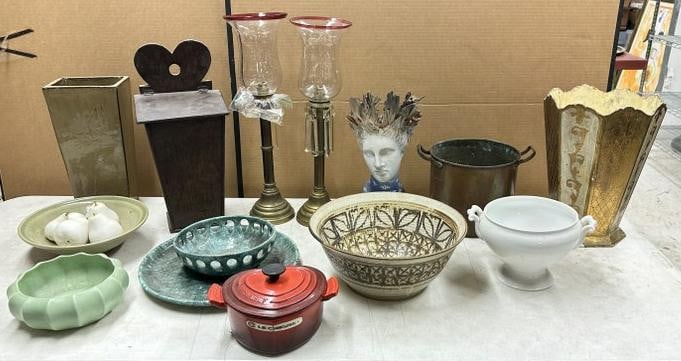 Nice misc. estate lot of goods, early pair brass push up candlesticks with etched shades, pottery, (1 of 9)