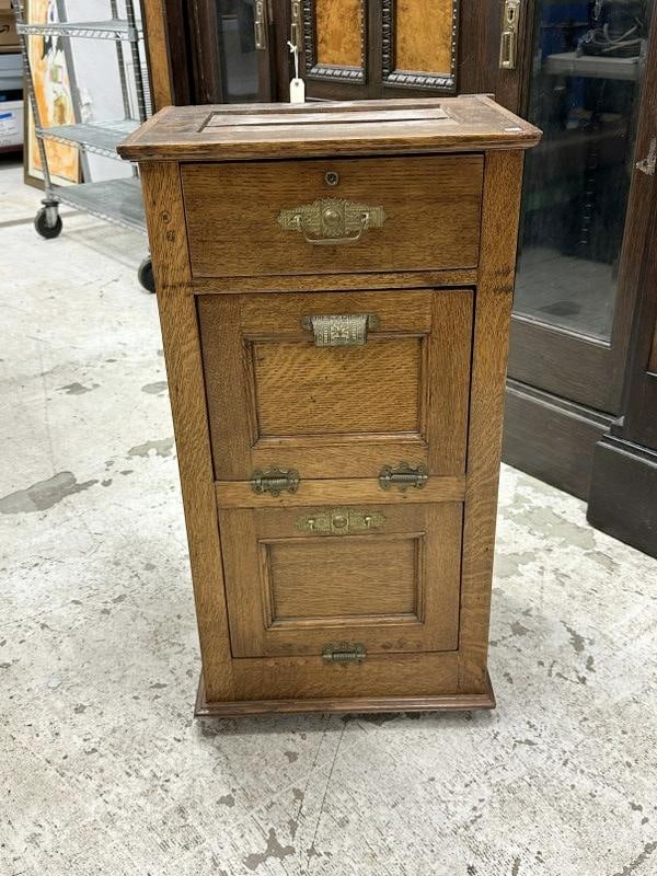 Nice circa 1910 oak barbershop cabinet, no top ( probably marble ), structurally sound, measures (1 of 3)